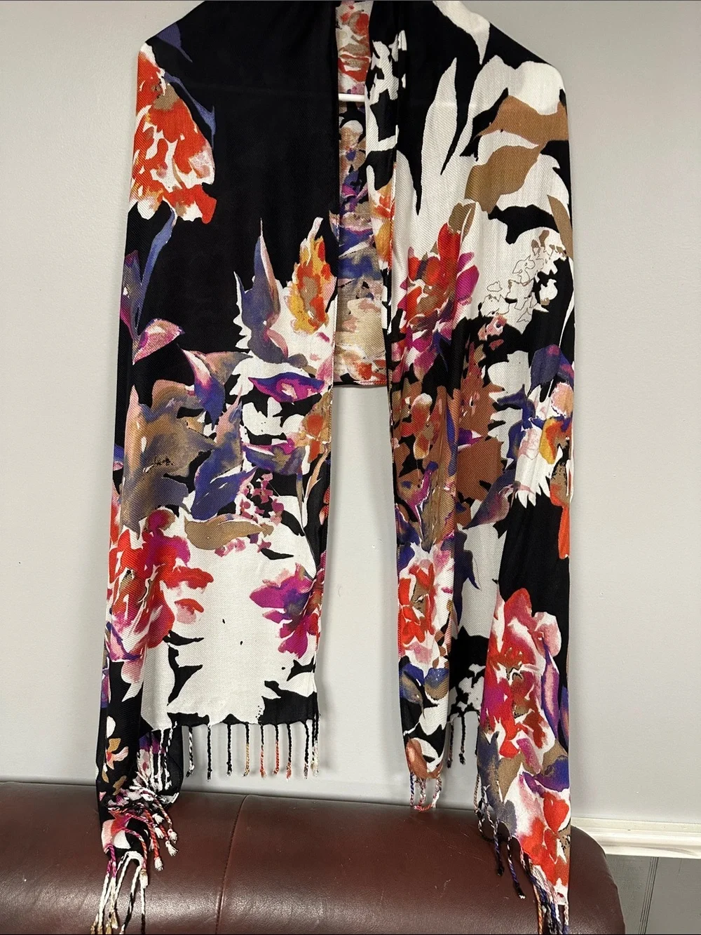 Dramatic Back, red & Purple Long Floral Fringe Scarf, medium weight Rayon, EUC!